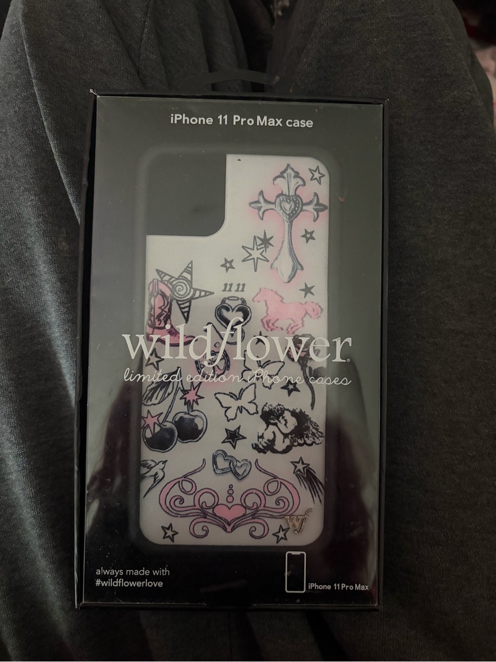 Wildflower iPhone 11 Pro Max Case – White with Pink & Black Tattoo Motifs